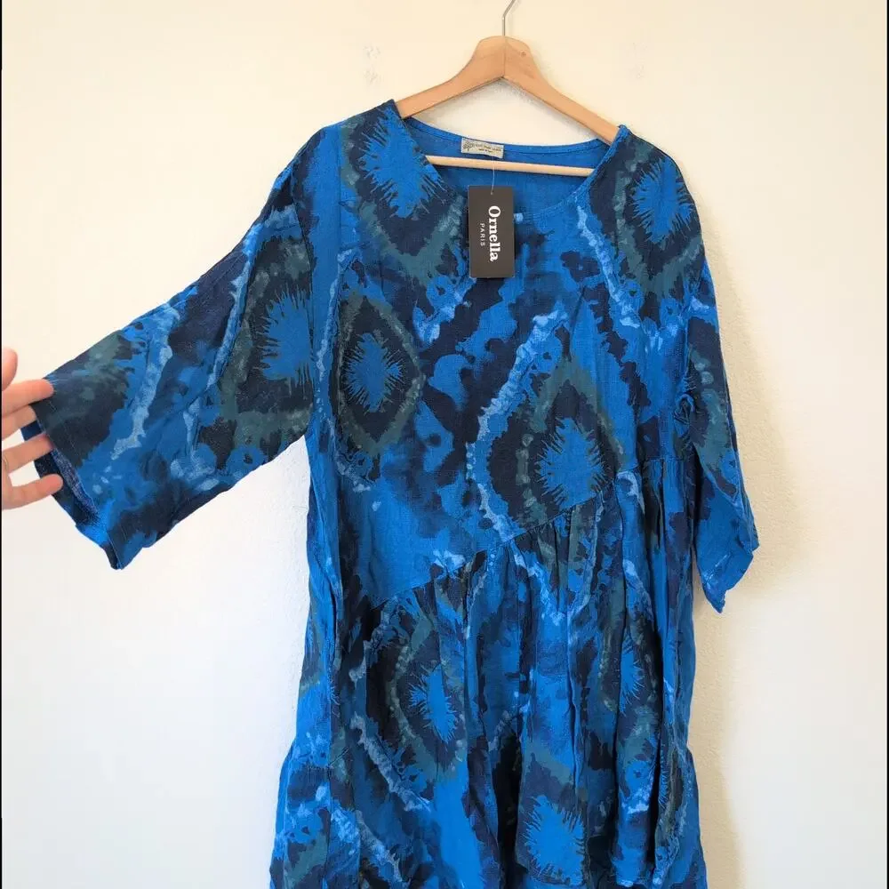 Ornella Paris 100%‎ Pure Linen Dress Medium Blue Made in Italy Artsy Art to Wear